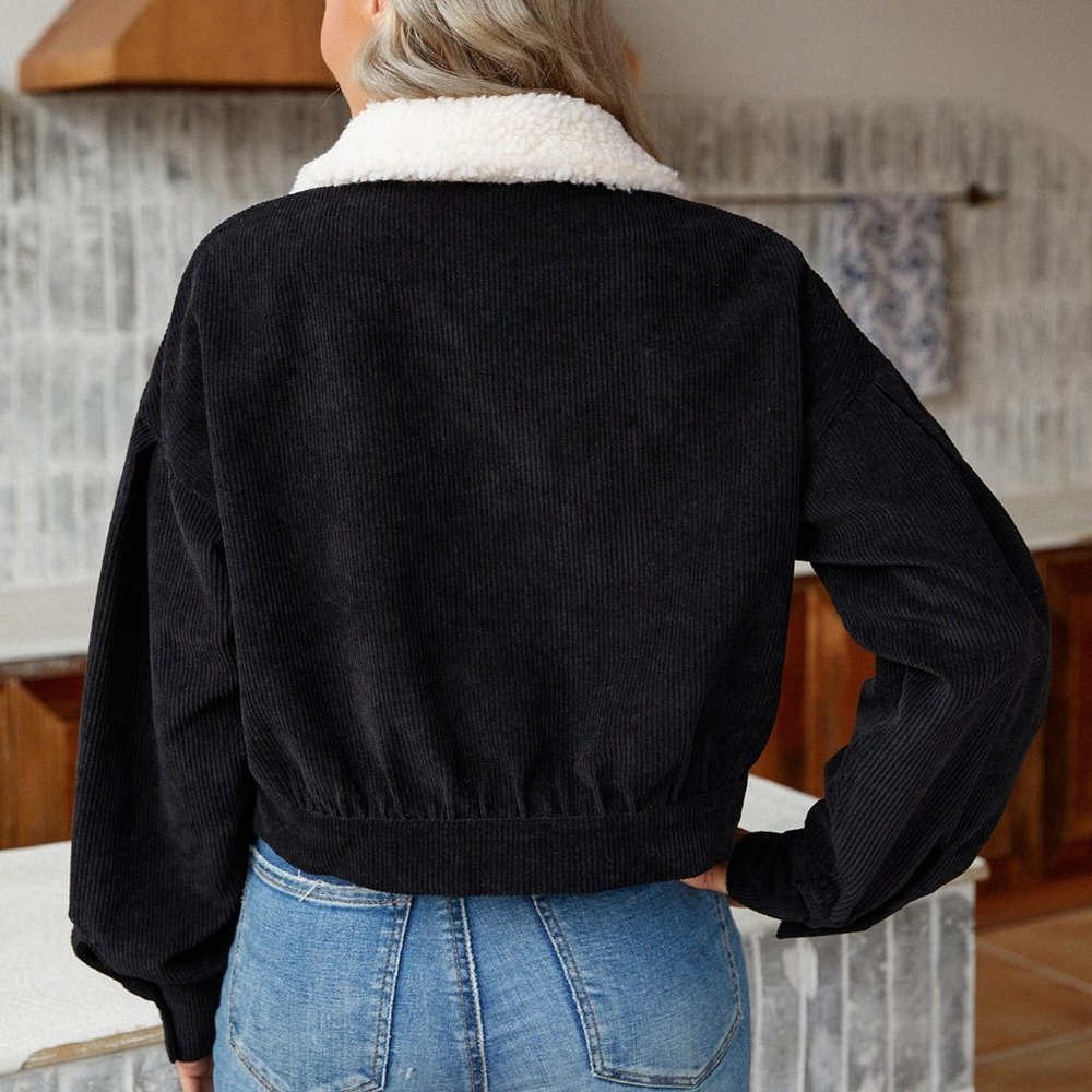 Black Casual Womens Borg Collar Drop Shoulder Corduroy Jacket - Picture 2 of 5